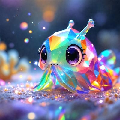 The primary subject of the image is a small, colorful, rainbow-colored creature, possibly a cute alien or a character from a children's story. The creature is sitting on a surface with a colorful background, which adds to the overall vibrant and lively atmosphere of the scene. The visual style of the image is a combination of photo and digital art, creating a unique and eye-catching appearance. The colors and mood of the image are predominantly bright and cheerful, with the rain